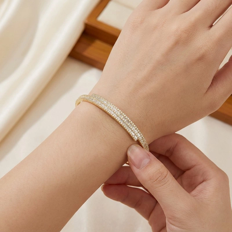 Half Pave Overlapping Bangle Bracelet Lab Grown Diamonds Wearing Effect