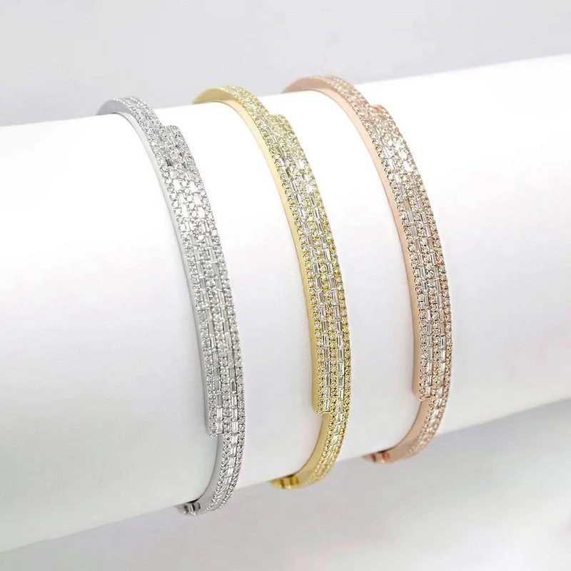 Half Pave Overlapping Lab Grown Diamond Bangle Bracelet in white gold, yellow gold and rose gold