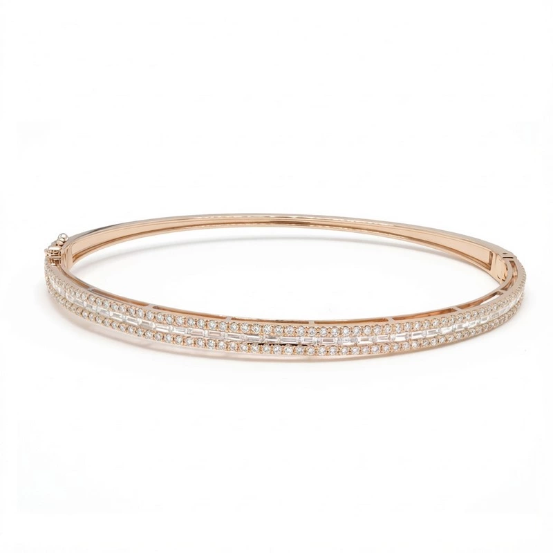 Tri-Tone Half Eternity Bangle Round & Baguette Lab Diamond Pave Band