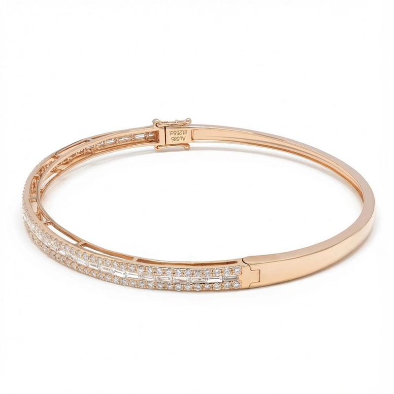 Tri-Row Half Pave Bangle Round & Baguette Lab Diamond Close Up