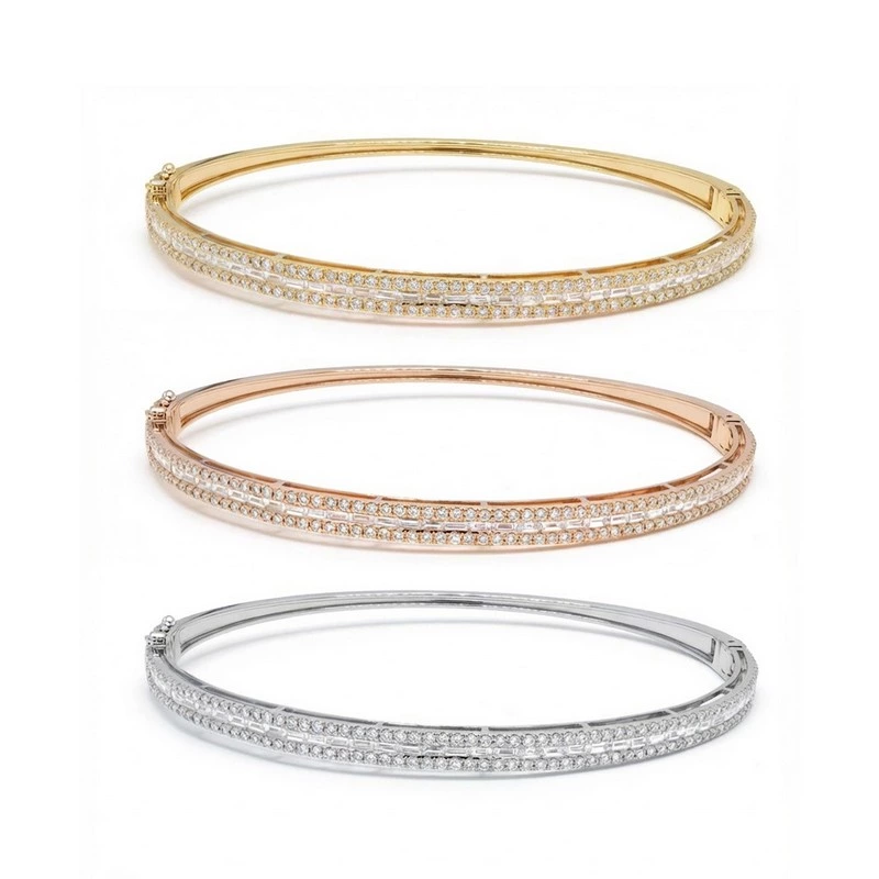 Tri-Row Half Pave Bangle Round & Baguette Lab Diamond in three tone gold