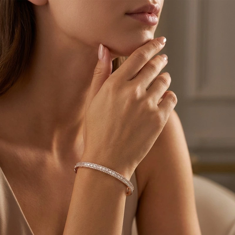 Tri-Row Half Pave Bangle Round & Baguette Lab Diamond Wearing Effect