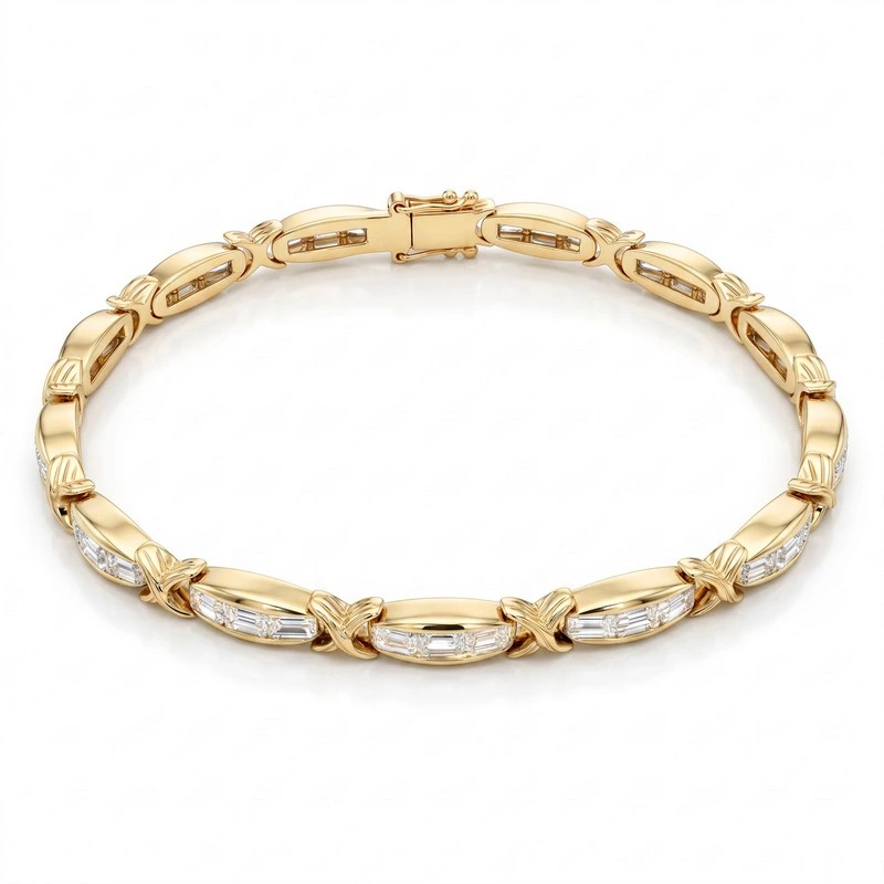 Yellow Gold X-Link Bracelet Channel Set Triple Baguette Lab Diamonds