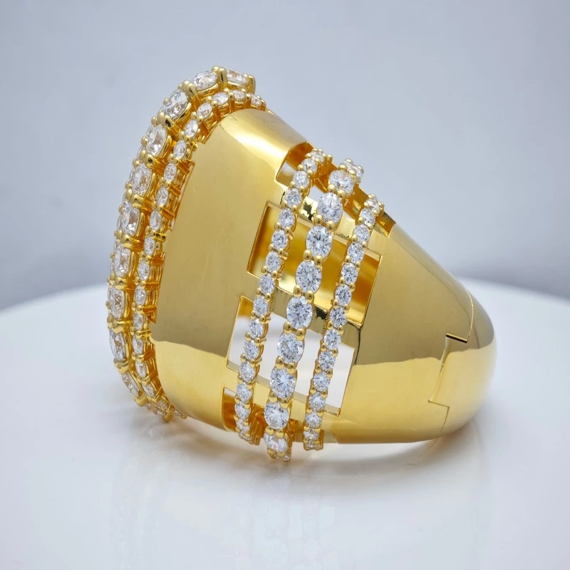 Wide Gold Cuff Bangle Multi-Row Pave Lab Diamond