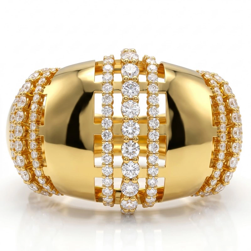 Bold Yellow Gold Wide Cuff Bangle Multi-Row Pave Lab Diamond Accents