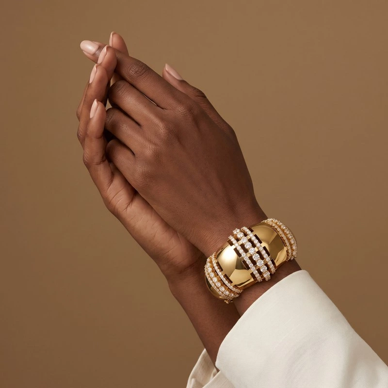 Pave Lab Diamond Wide Gold Cuff Bangle Multi-Row Wearing Effect