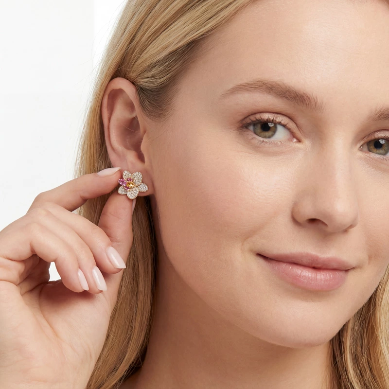 Floral Stud Earrings Pave with Diamonds & Gem Center Wearing