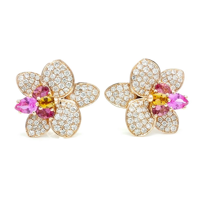 Rose Gold Floral Stud Earrings Pave Diamonds With Pink & Yellow Gem Center