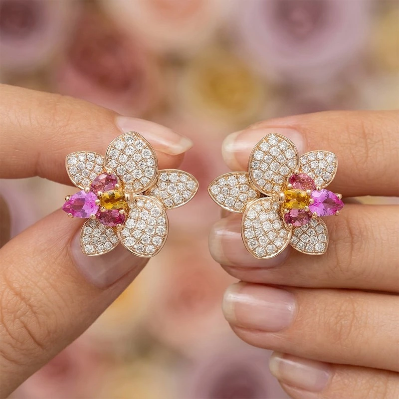 Floral Stud Earrings Pave Diamonds & Gem Center