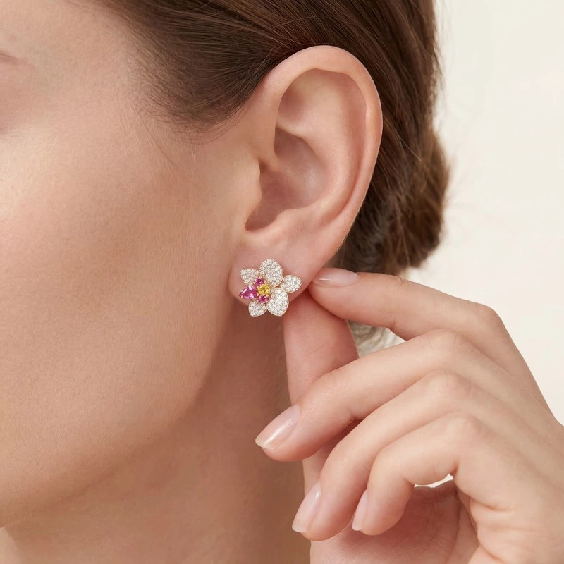 Floral Stud Earrings Pave Diamonds & Gem Center Wearring effect