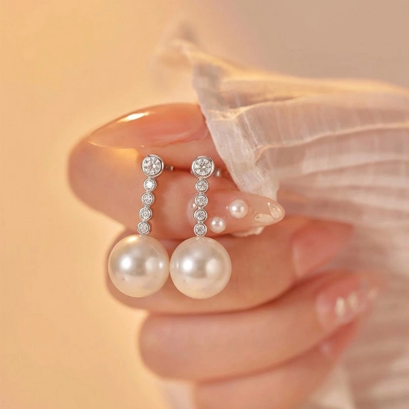 Lab Grown Diamond & Pearl Stud Drop Earrings on hand