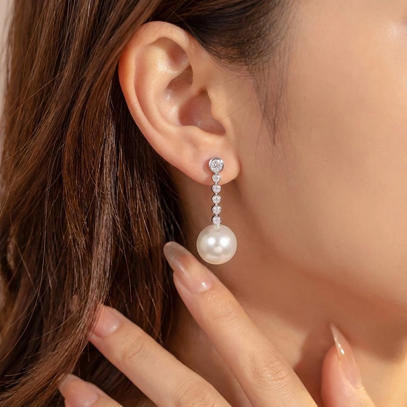 Lab Grown Diamond & Pearl Stud Drop Earrings Wearing Effect