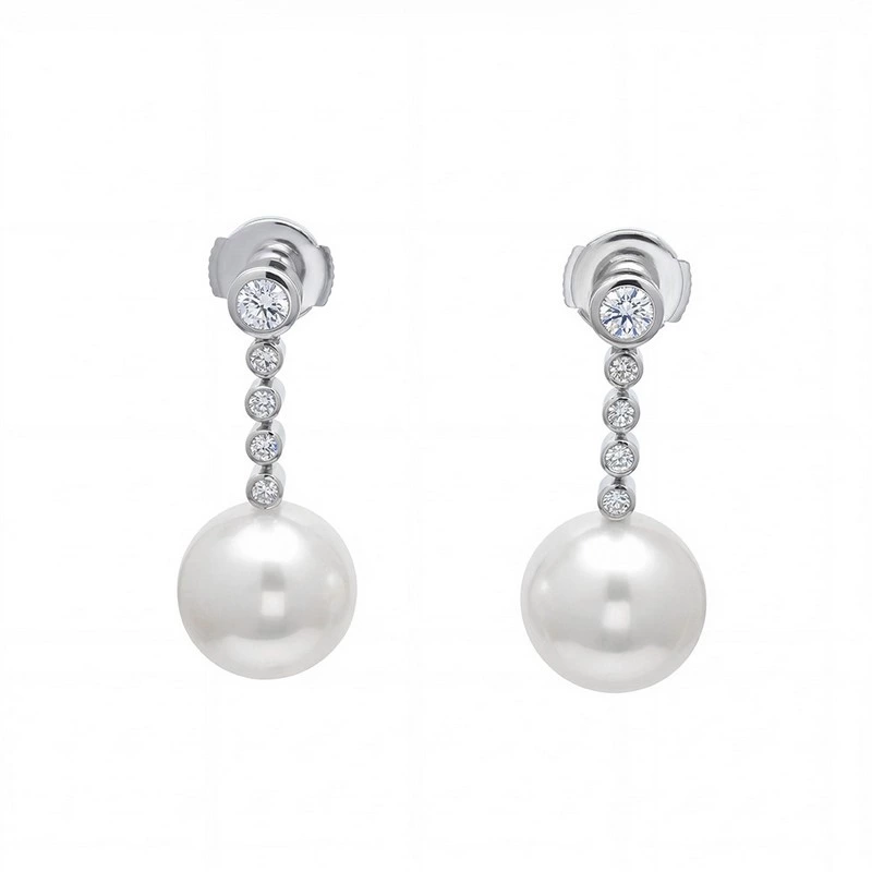 White Gold Drop Earrings Graduated Lab Diamond Chain With Round Pearl Pendant