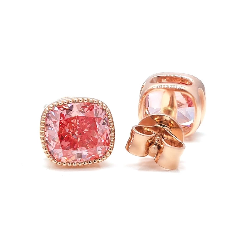 Rose Gold Cushion Cut Pink Lab Diamond Milgrain Halo Stud Earrings