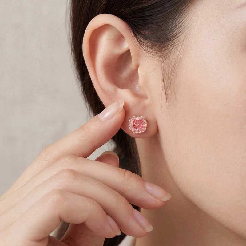 Cushion Cut Pink Lab Diamond Milgrain Halo Stud Earrings Wearing Effect