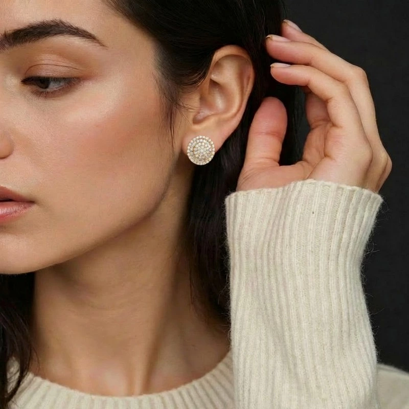 Round Cluster Stud Earrings Round & Baguette Lab Diamonds wearing effect