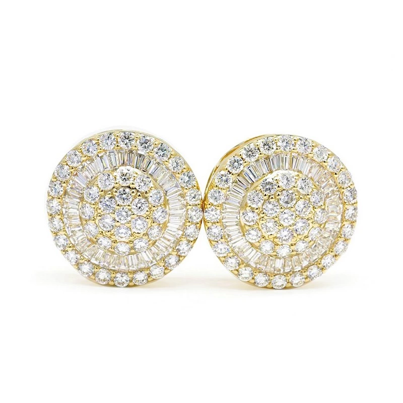 Three-Tone Round Cluster Stud Earrings Round & Baguette Lab Diamonds