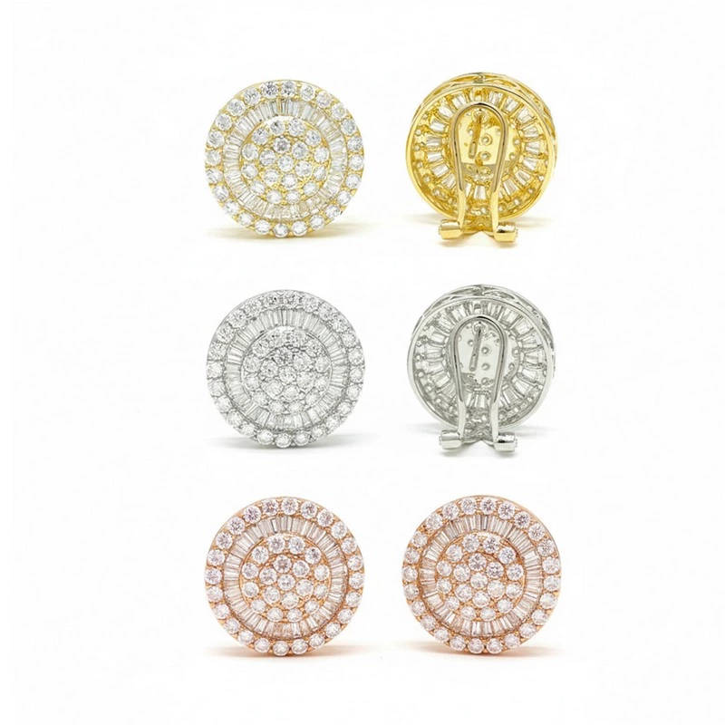 Round Cluster Stud Earrings Round & Baguette Lab Diamonds in yellow gold, white gold, rose gold