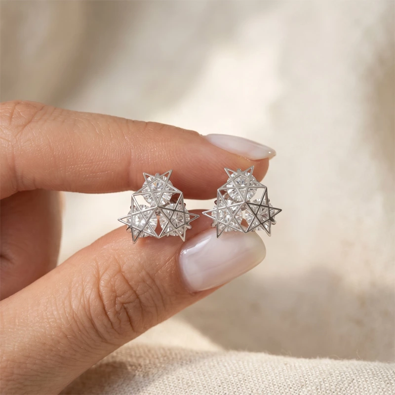 Open Star Frame Stud Earrings Triple Round Lab Diamonds on hand