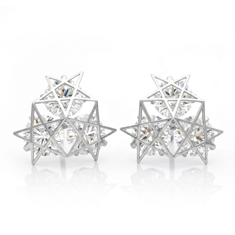 White Gold Open Star Frame Stud Earrings Triple Round Lab Diamonds