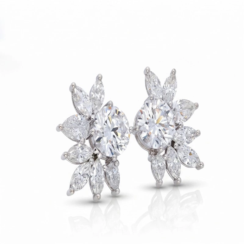 White Gold Floral Stud Earrings Round Center Marquise Lab Diamond Halo