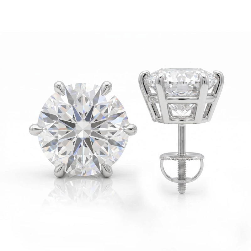 6-Prong Solitaire Stud Earrings Round Lab Diamond Screw Back 3 Metal Options