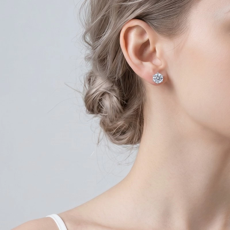 Round Solitaire Lab Diamond Stud Earrings Screw Back Wearing Effect