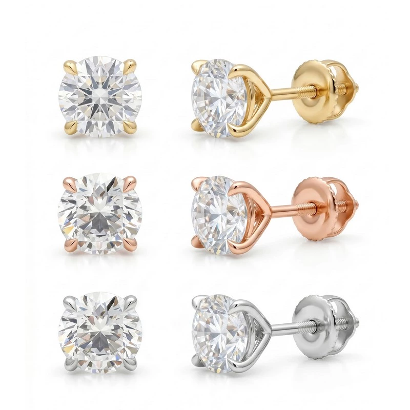4 Prong Martini Lab Diamond Stud Earrings Screw Back in white gold, yellow gold, rose gold