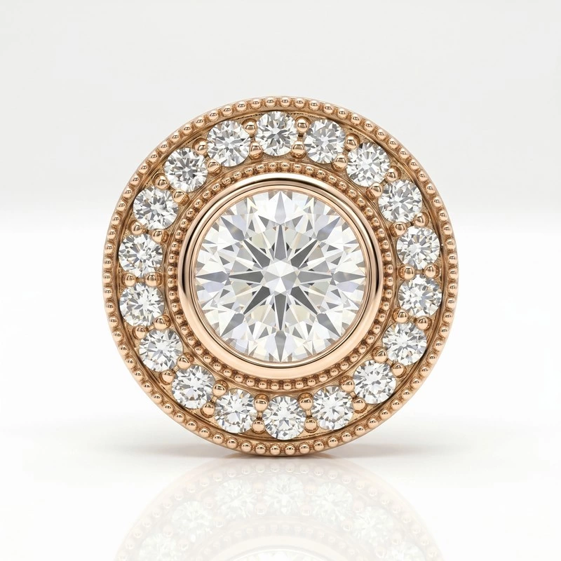 Rose Gold Bezel Set Double Milgrain Halo Lab Diamond Pendant Necklace