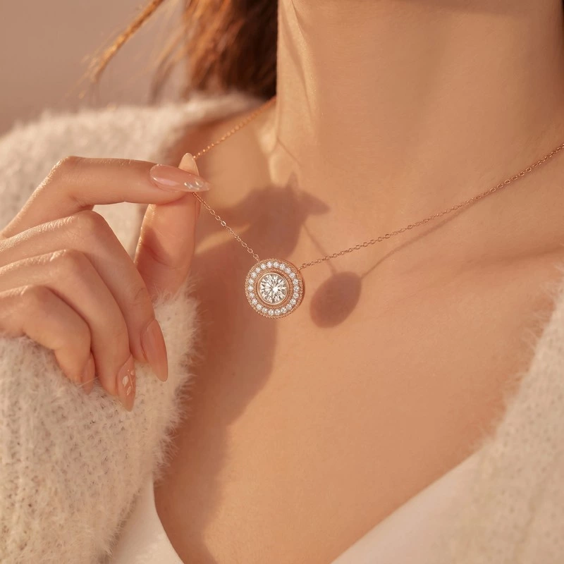 Round Bezel Halo Lab Diamond Milgrain Pendant Necklace Wearing Effect