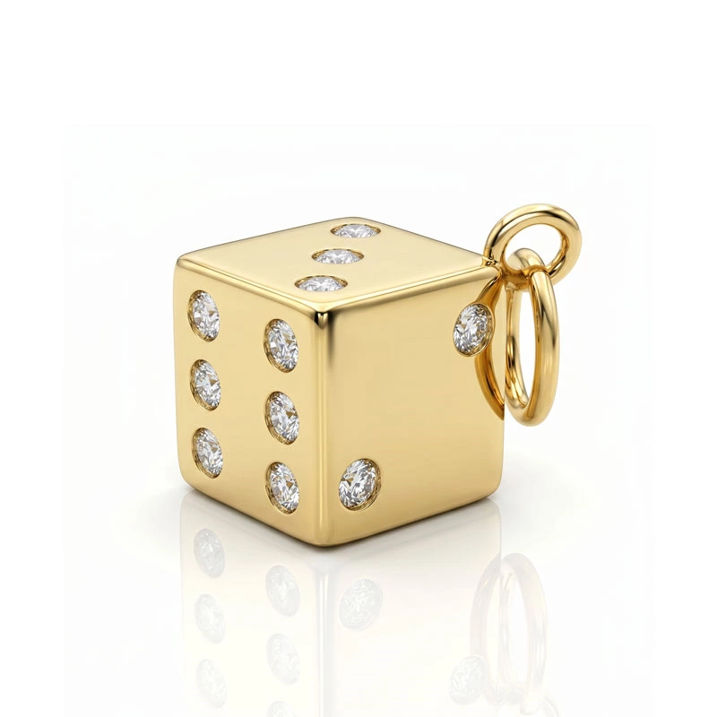 Polished Yellow Gold Dice Pendant Inlaid Lab Diamonds & Accent Gemstone