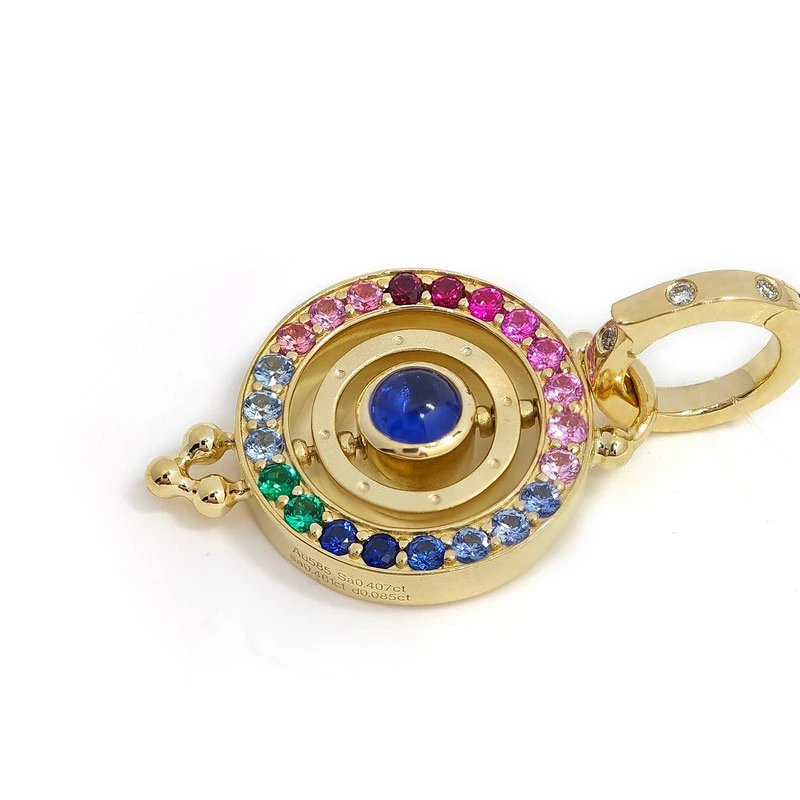 Rotatable Yellow Gold Pendant Rainbow Gem Halo With Swivel Center Design