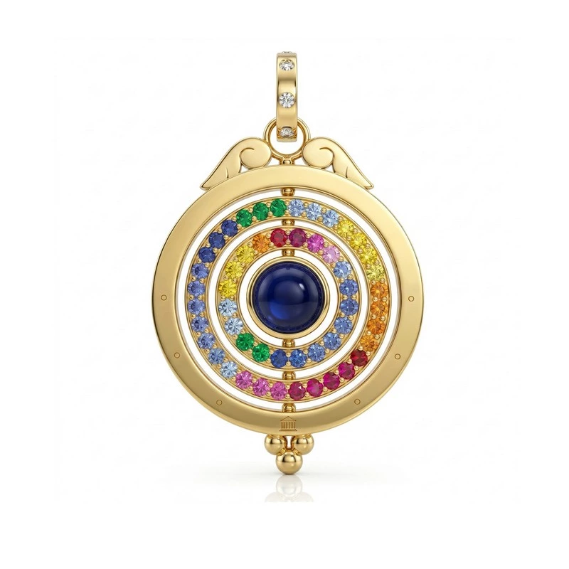Rotatable Yellow Gold Chakra Pendant Rainbow Gem Halo Center Cabochon