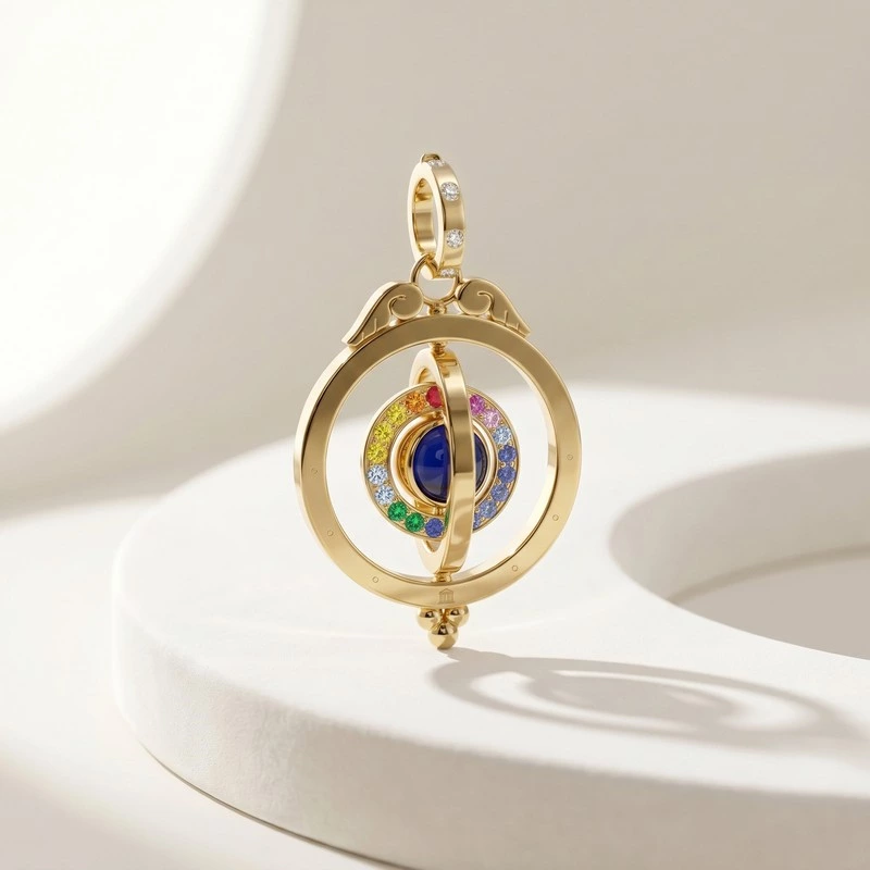 Rainbow Gemstone Rotatable Orbit Halo Pendant Close Up