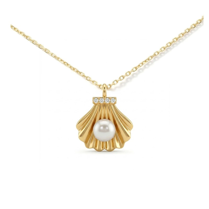 Yellow Gold Seashell Pendant Necklace Freshwater Pearl & Accent Lab Diamonds