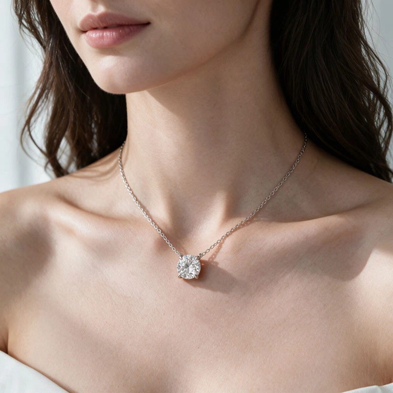White Gold 4-Prong Solitaire Lab Diamond Pendant Necklace Wearing effect