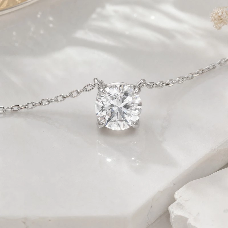 White Gold 4-Prong Solitaire Lab Diamond Pendant Necklace Close Up