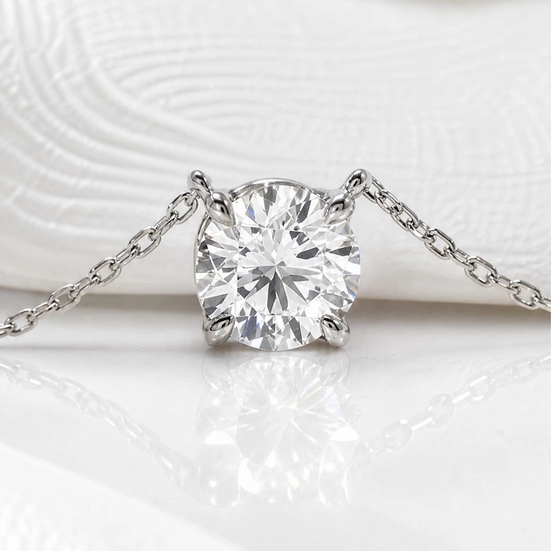White Gold 4-Prong Solitaire Pendant Necklace Round Lab Diamond Center Stone