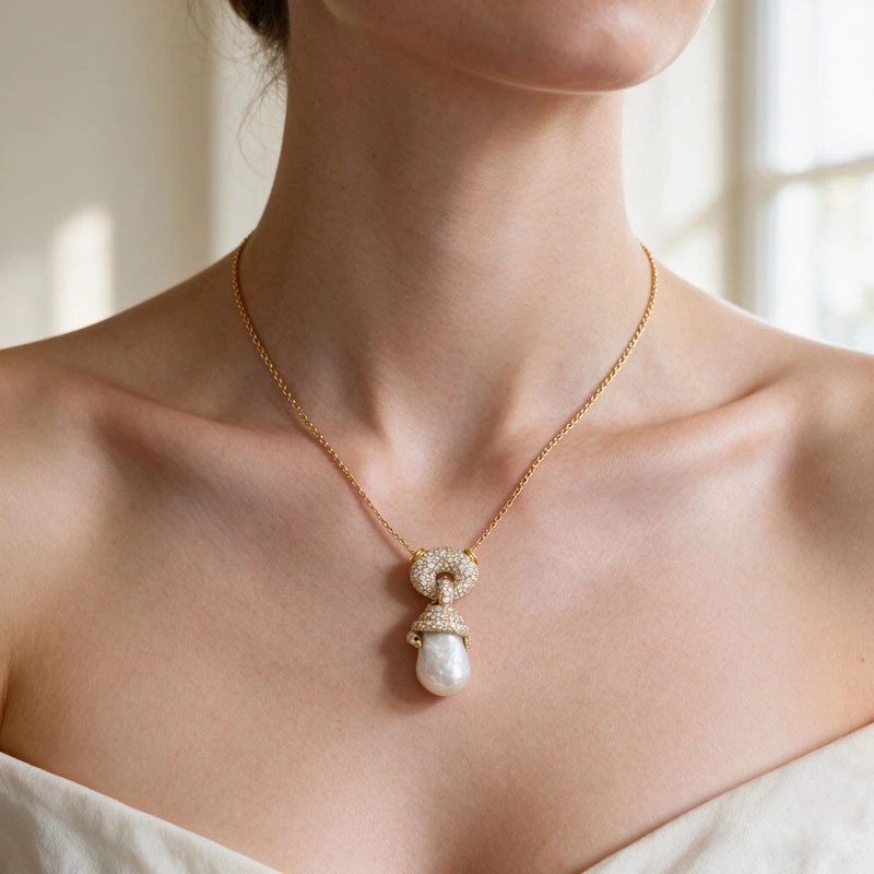 Baroque Pearl Pave Lab Diamond Snake Pendant Necklace Wearing Effect