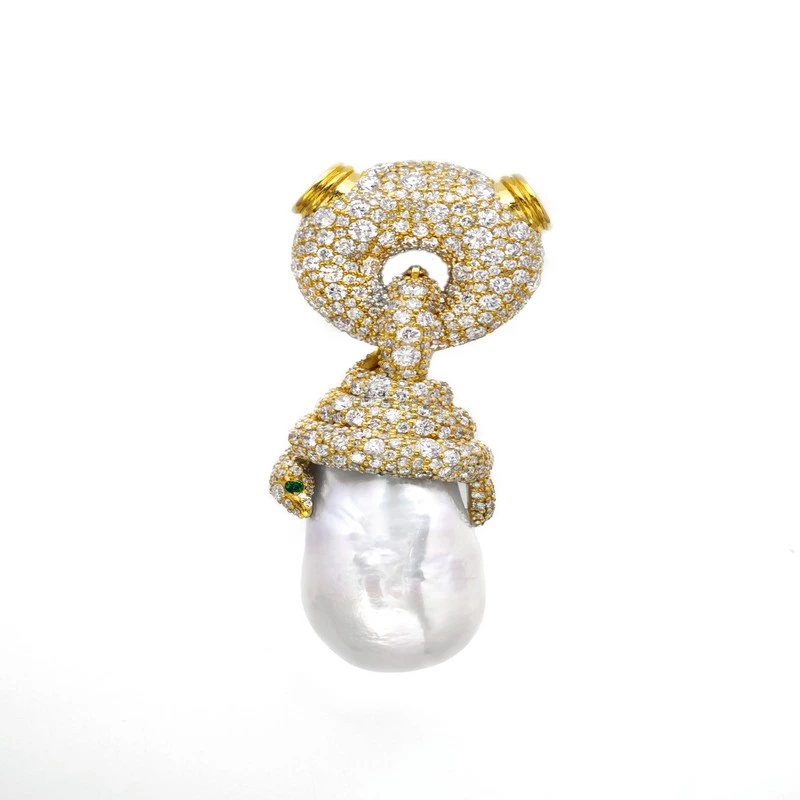 Yellow Gold Pave Diamond Snake Pendant Baroque Pearl Emerald Eye Accent
