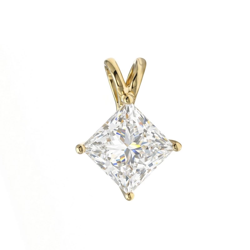 3-Tone Gold Princess Cut Solitaire Pendant V-Bail Lab Diamond Charm