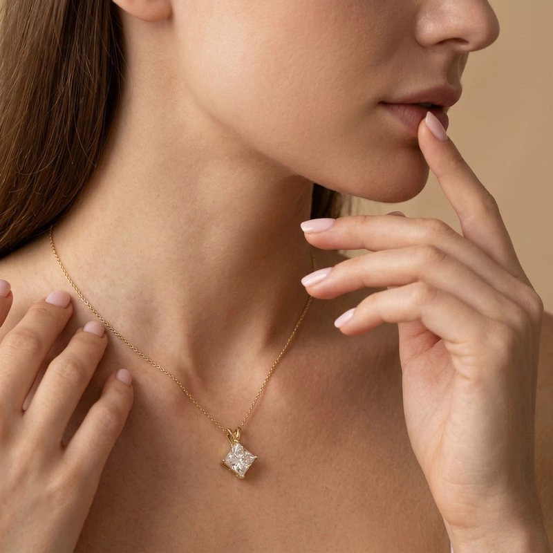 Princess Cut Solitaire Lab Diamond V Bail Pendant Necklace Wearing Effect
