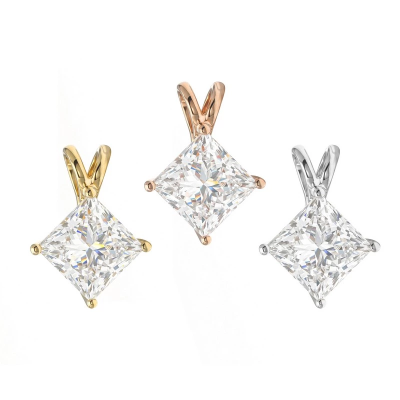 Princess Cut Solitaire Lab Diamond V Bail Pendant Necklace in Three Tone Solid Gold