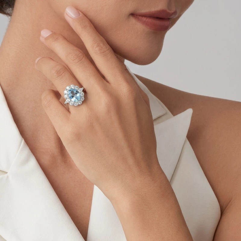 solitaire Aquamarine halo lab diamond ring wearing effect