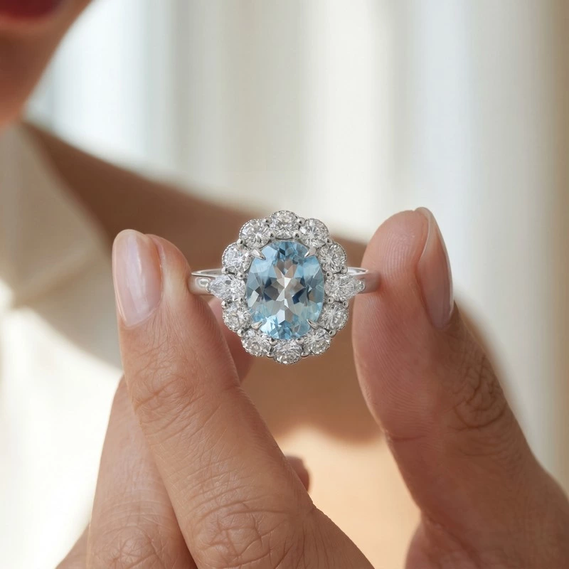 Aquamarine & lab diamond engagement ring