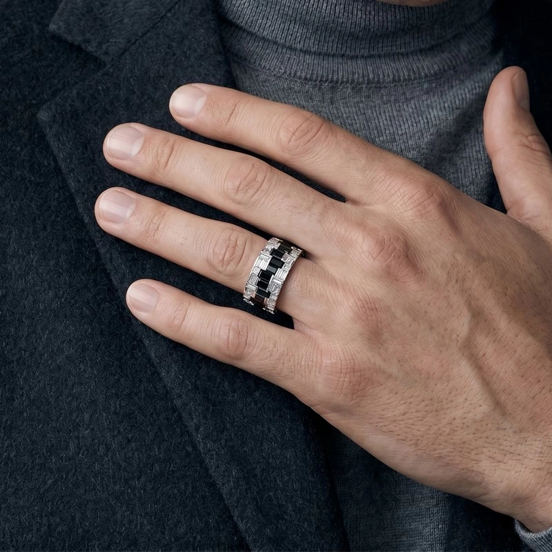 Men's Baguette Lab Diamond Black Stone Band Wearring effect