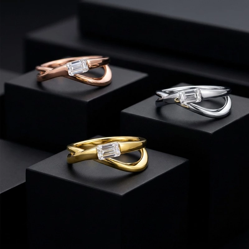 Split Twisted Emerald Cut Solitaire Ring Lab Created Diamond in yellow gold, white gold & rose gold