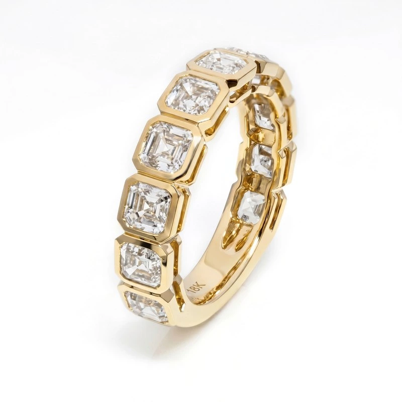 Close up of Emerald Cut Lab Diamond 3/4 Eternity Band