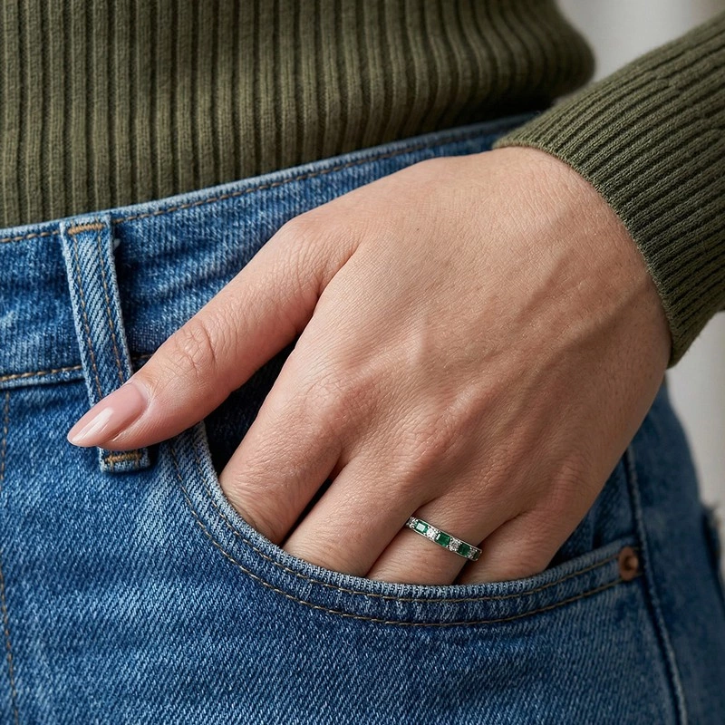 Alternating Baguette & Round Lab Diamond Band Wearing effect