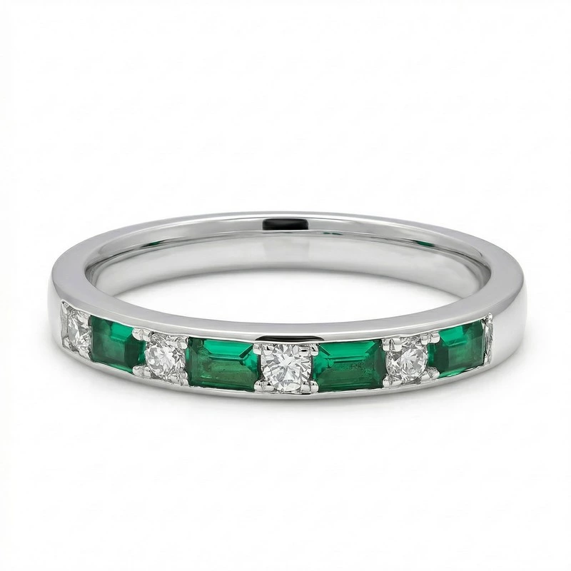Alternating Baguette Emerald Round Diamond Half Eternity Band
